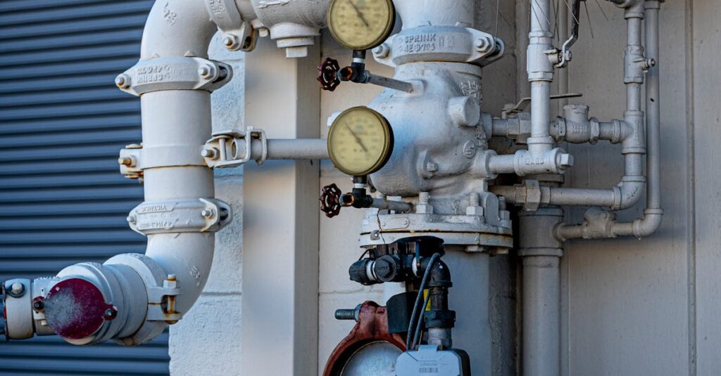 Industrial backflow prevention setup with pressure gauges and valves.