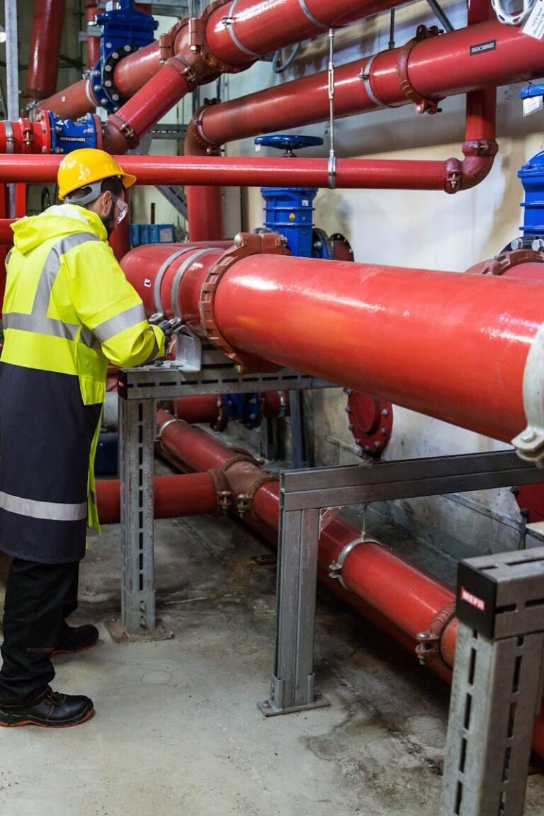 Technician working on a large-scale pipeline system to ensure clean water supply.
