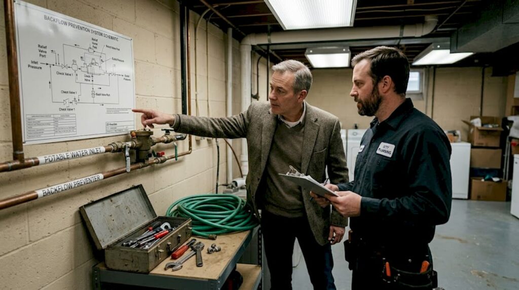 Property owner and plumber reviewing backflow diagram