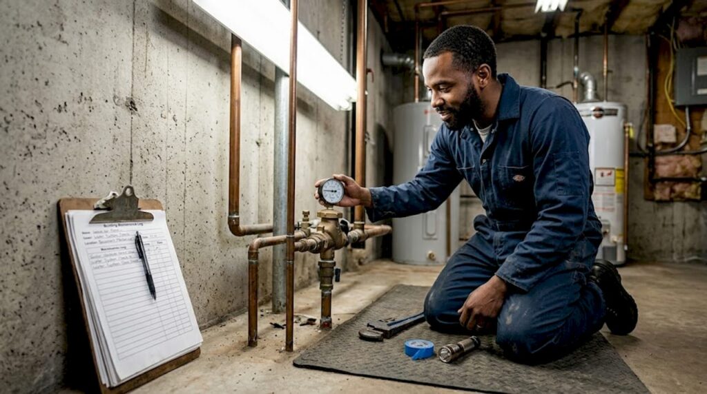Technician inspecting backflow valve in basement