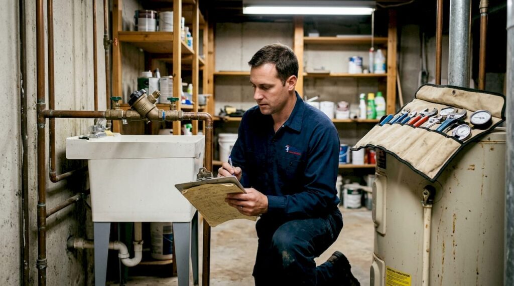 Technician checks backflow device in NJ basement