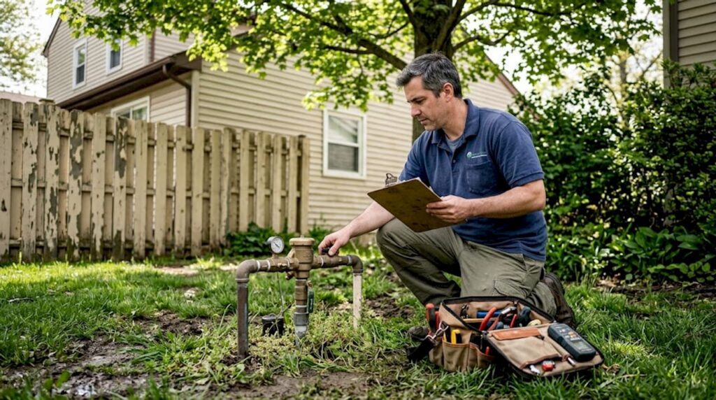 Technician inspecting irrigation backflow preventer