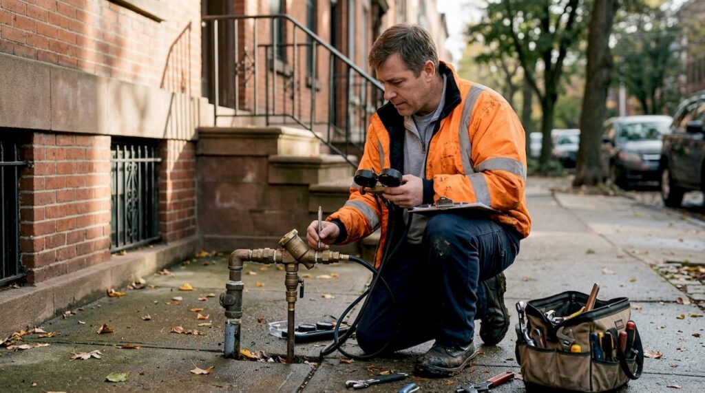 Backflow technician inspecting water valve outdoors