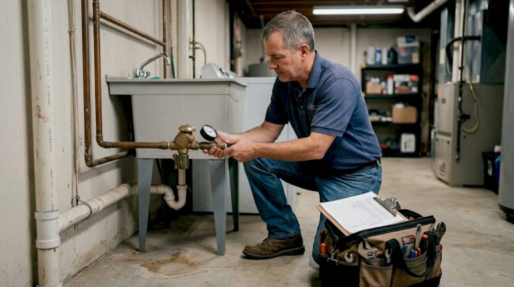 Plumber testing backflow device in basement