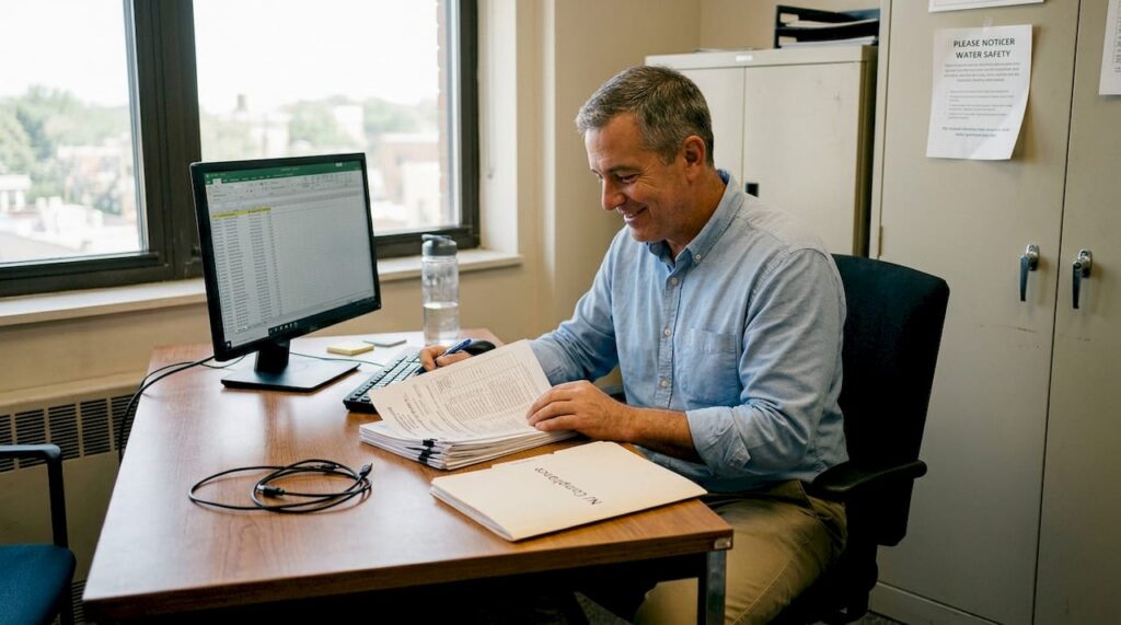 Property manager reviewing backflow compliance documents
