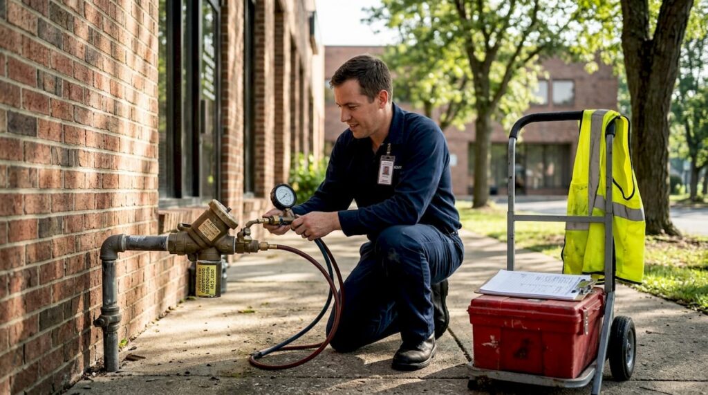 Backflow tester working on outdoor device setup