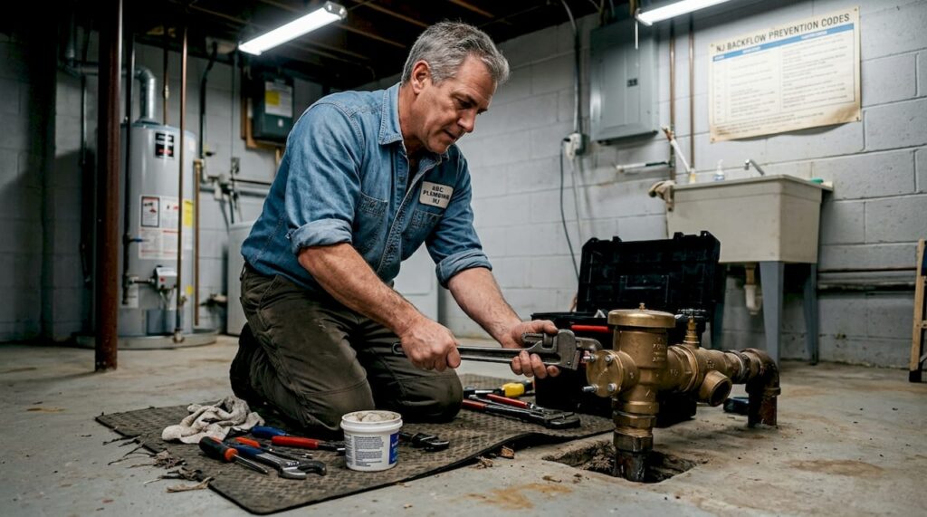 Plumber installing backflow preventer device