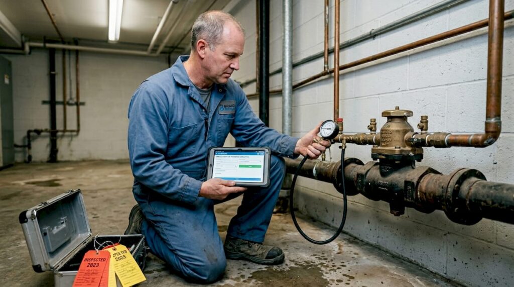 Plumber inspecting backflow valve in building basement