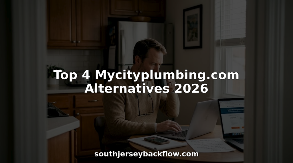 Property manager researching plumbing services at kitchen table