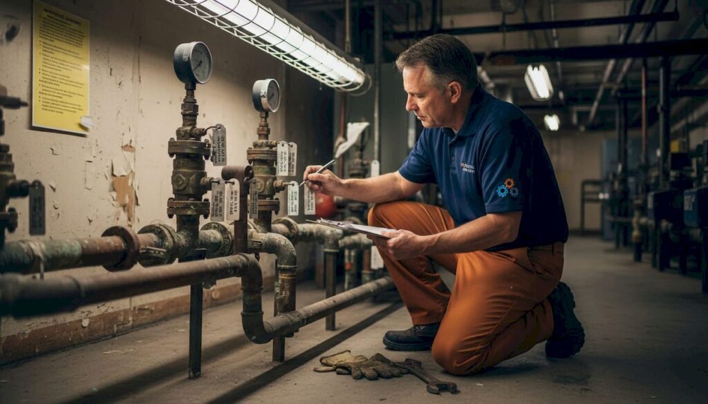 Maintenance supervisor inspects commercial plumbing manifold