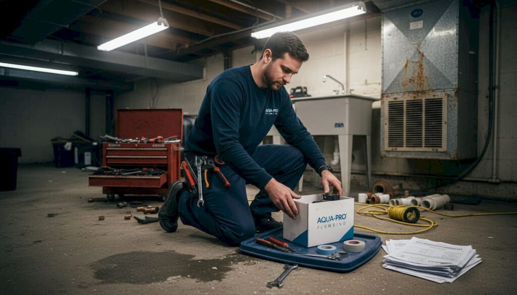 Plumber prepares backflow device and tools