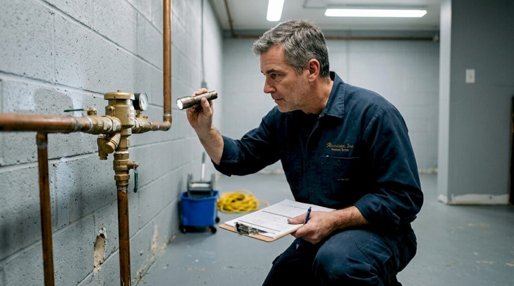Plumber inspecting brass backflow preventer device