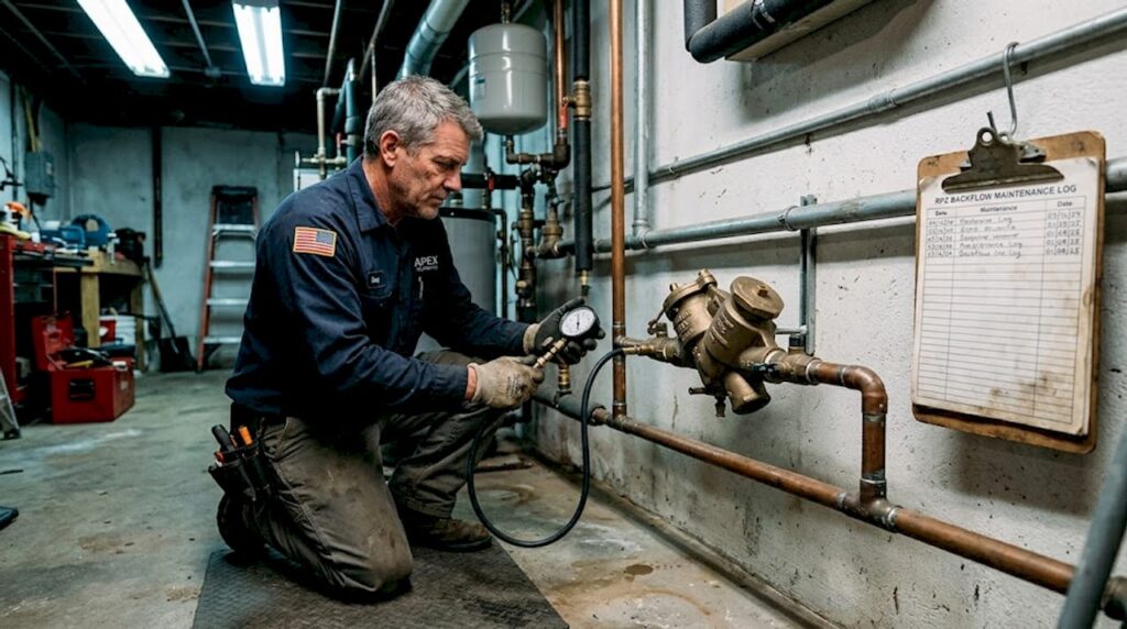 Plumber checks RPZ device in basement utility room