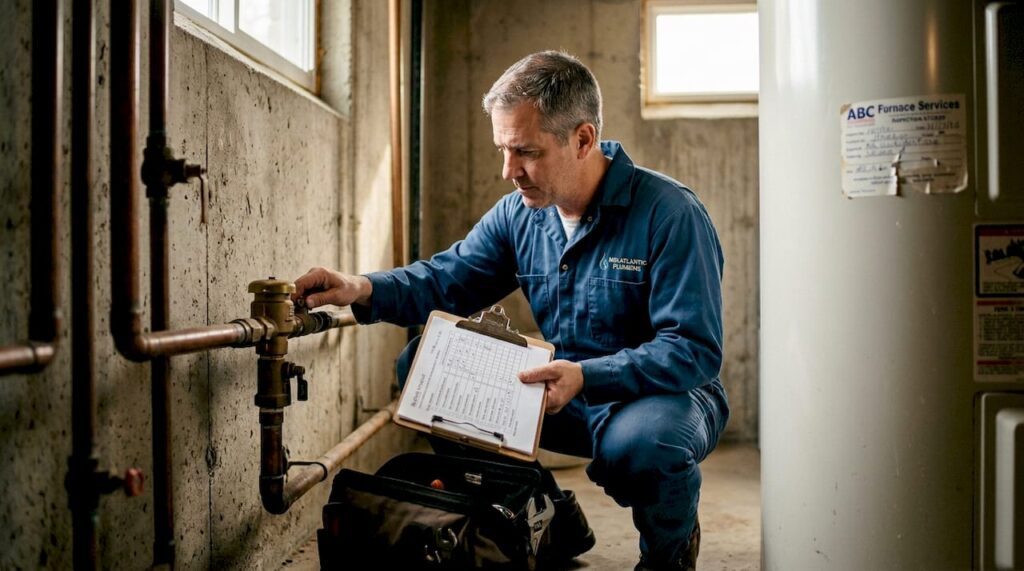 Plumber inspecting basement backflow device