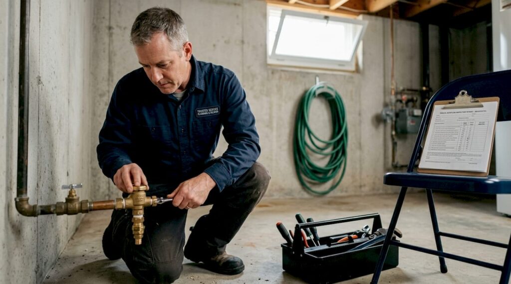Homeowner inspecting backflow preventer in basement