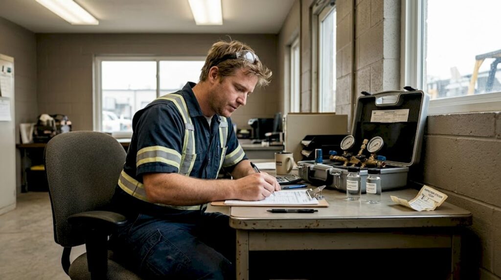 Backflow tester fills compliance paperwork in office