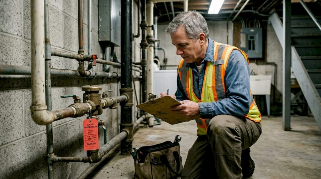 Inspector examines basement backflow prevention device
