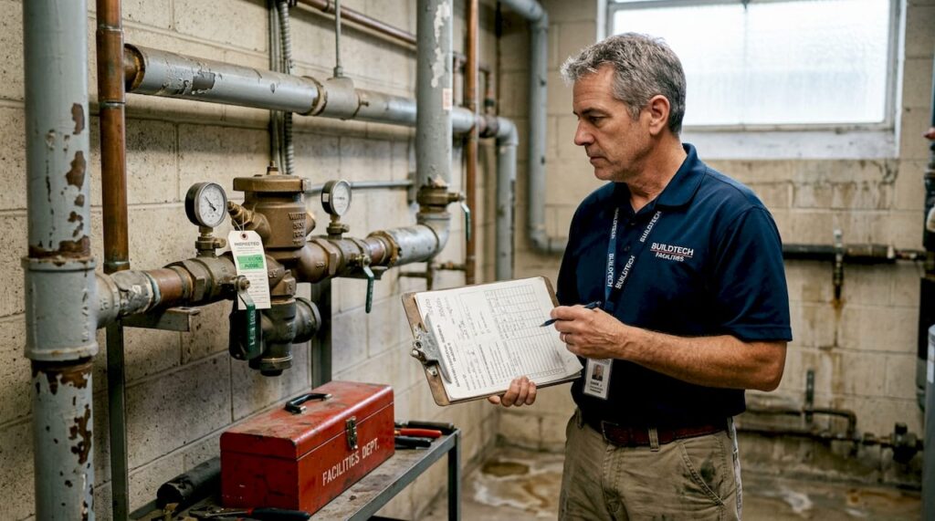 Manager inspecting backflow device in utility room