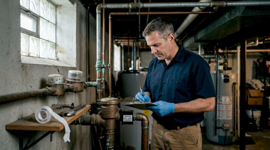 Plumber inspecting basement backflow preventer