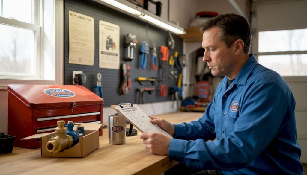 Plumbing technician reviewing backflow valve report