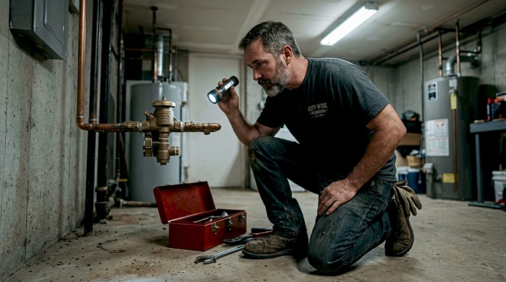 Plumber inspecting basement backflow preventer