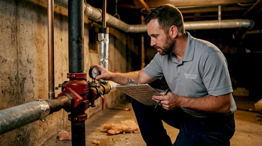 Technician inspects fire sprinkler backflow valve