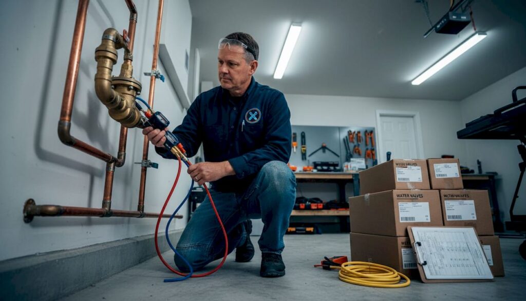 Inspector testing backflow valve in basement utility room