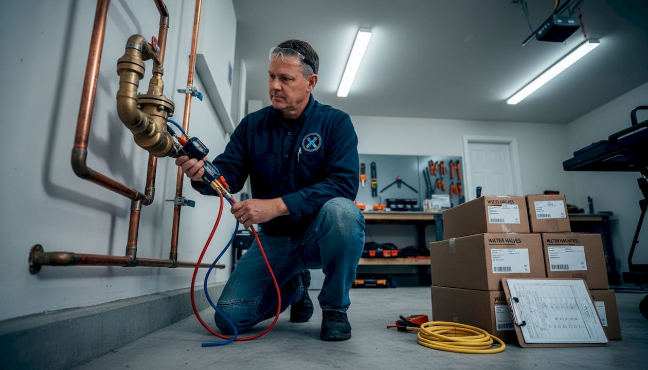Inspector testing backflow valve in basement utility room