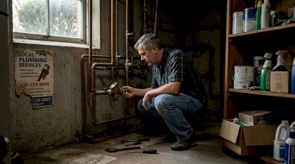 Homeowner inspects basement backflow valve