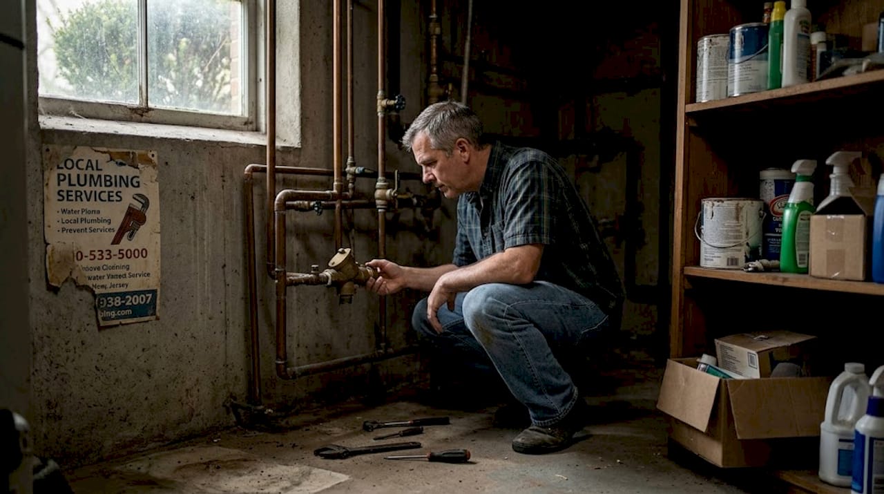 Homeowner inspects basement backflow valve