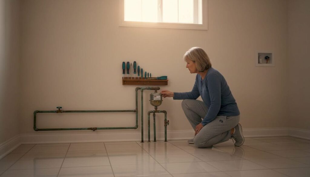 Homeowner checking water meter in basement
