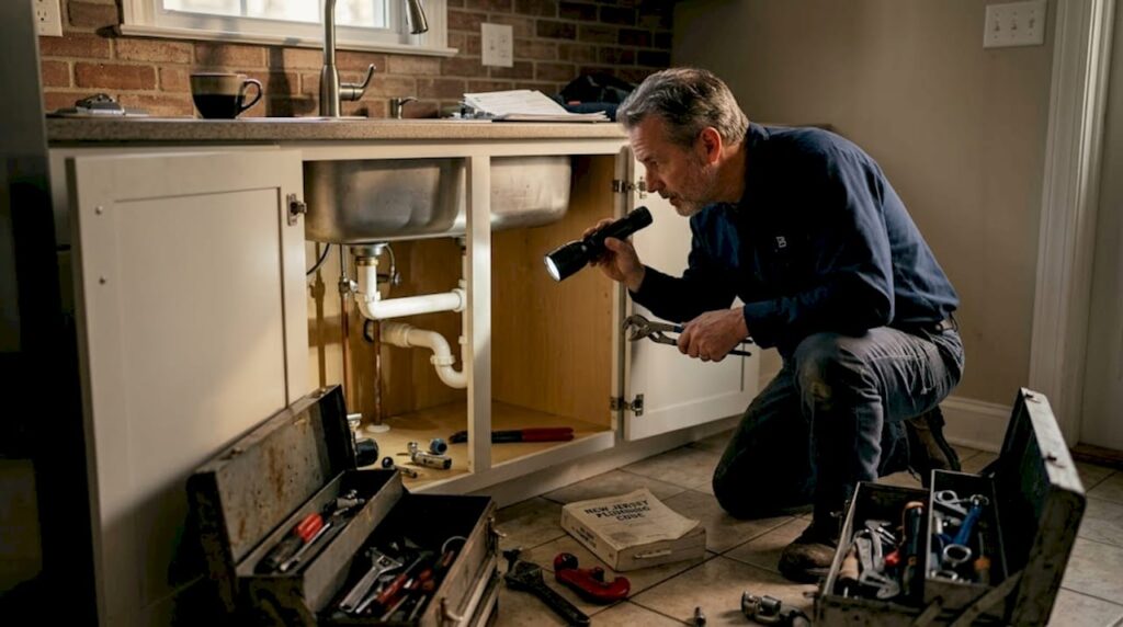 Plumber inspecting kitchen pipes for violations