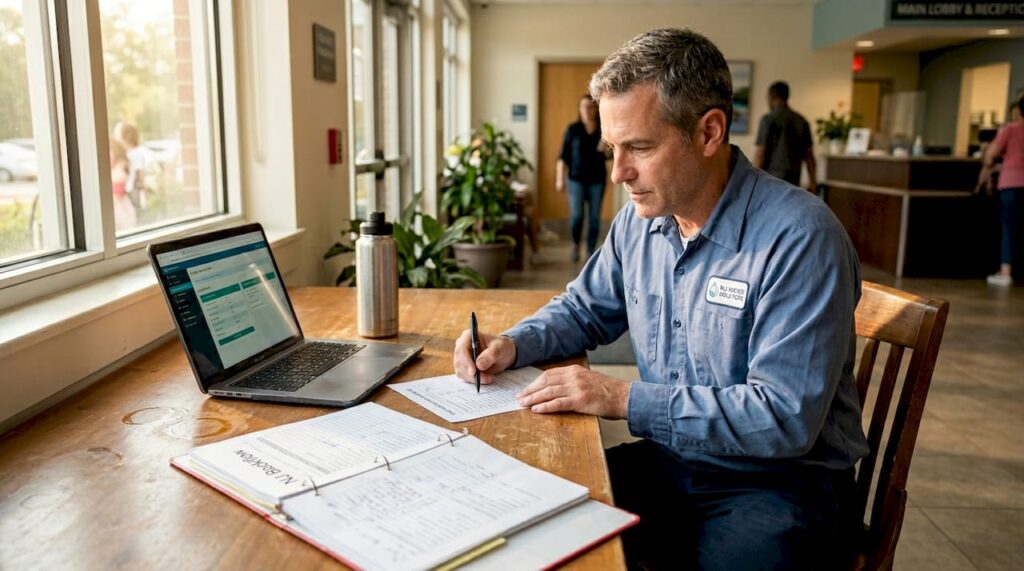 Manager reviewing water safety checklist at desk