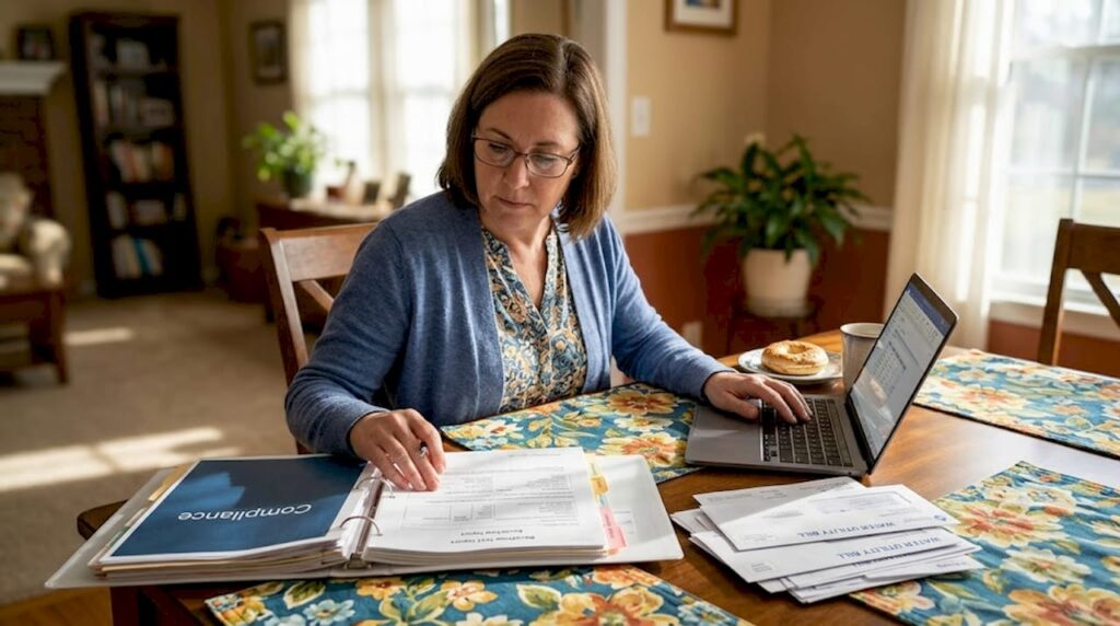 Property manager updating backflow records at kitchen table
