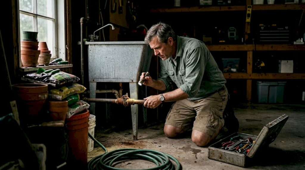 Homeowner inspecting plumbing for water backflow
