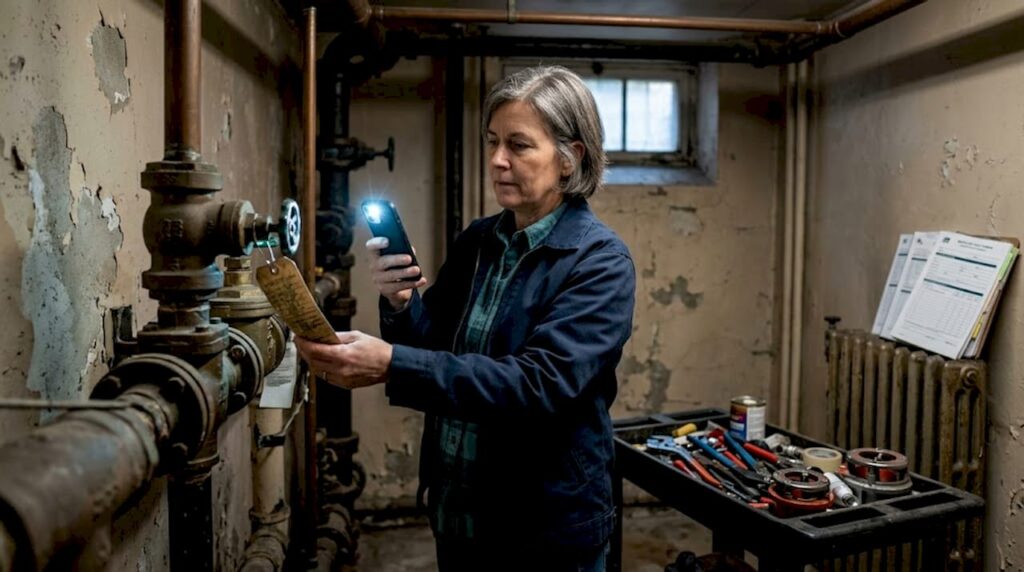 Supervisor inspecting backflow tag in utility room