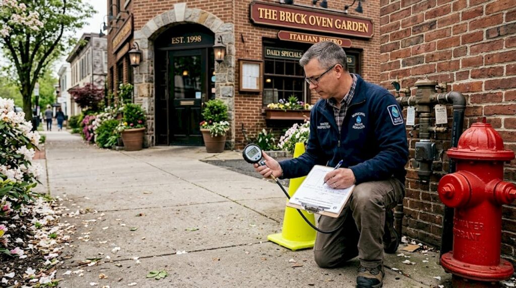 Inspector checking backflow device outside NJ building