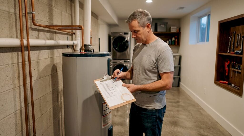 Homeowner inspects basement water system