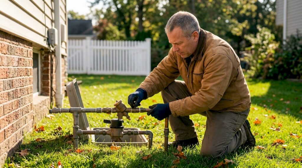 NJ property owner inspecting water backflow device outdoors