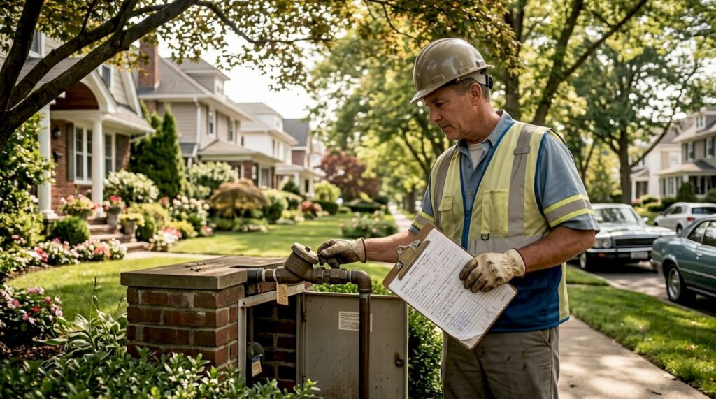 Water utility inspector examining backflow device outdoors