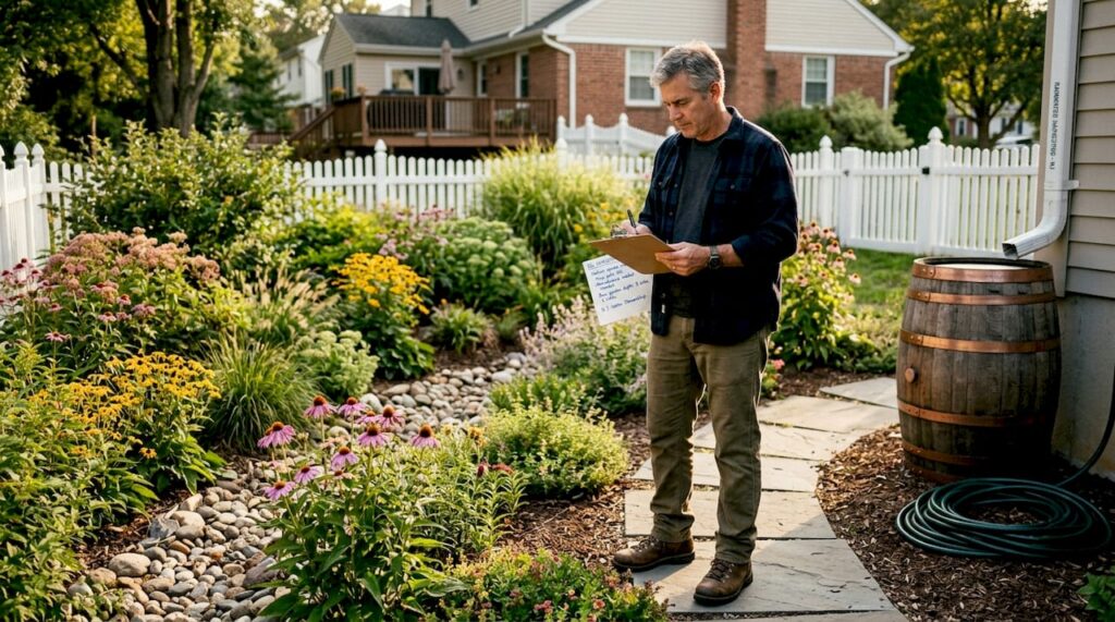 Man inspecting rain garden in NJ backyard