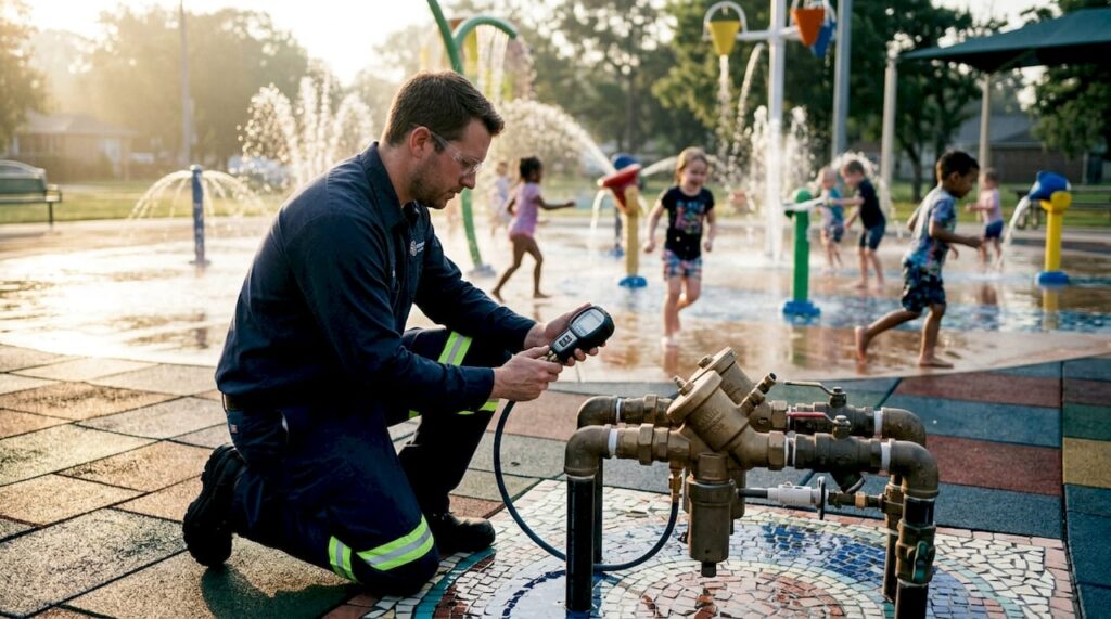 Plumber inspecting backflow device at playground