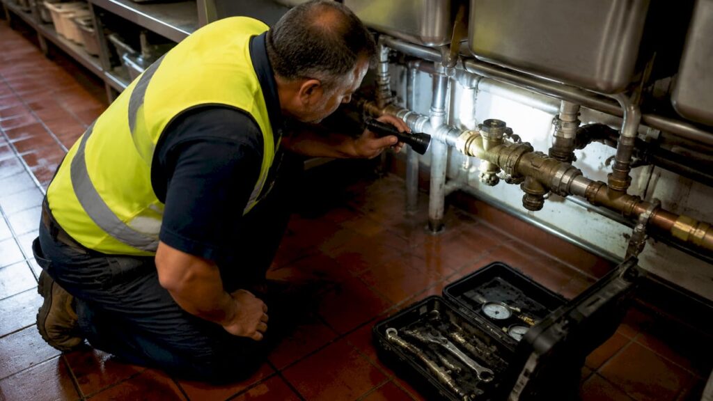 Plumber inspecting backflow device under kitchen sink
