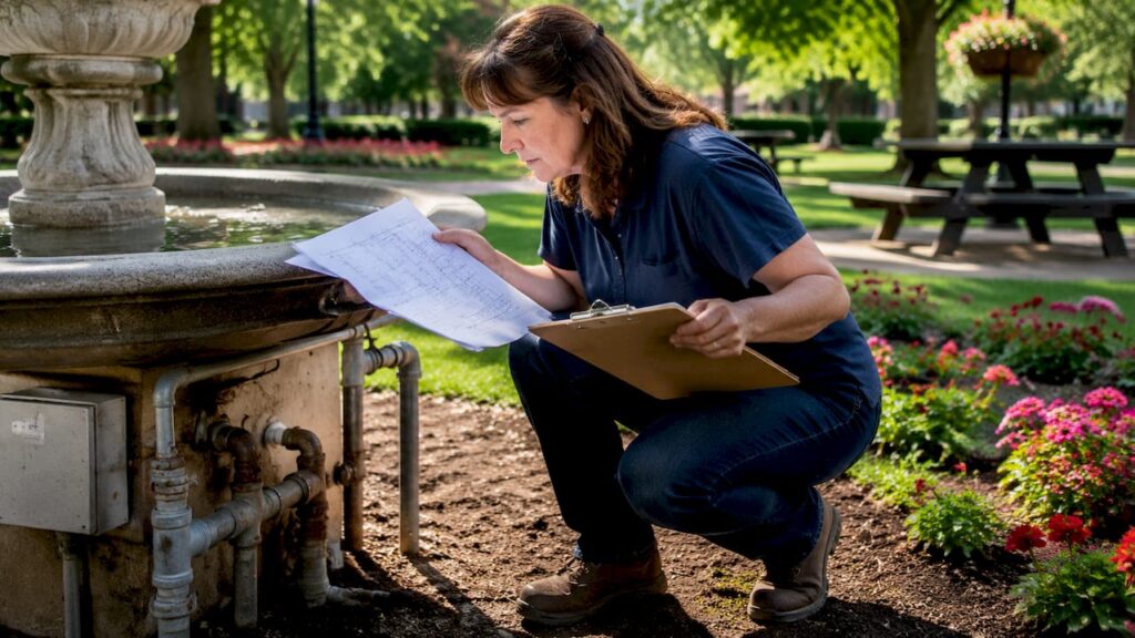 Consultant inspecting outdoor plumbing for hazards