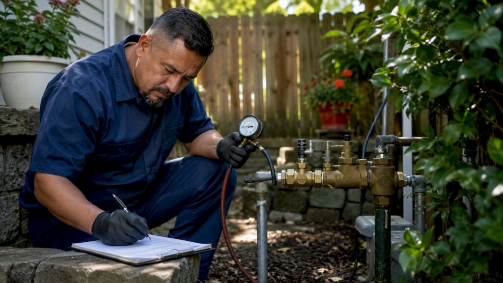 Plumber inspecting RPZ valve on residential property