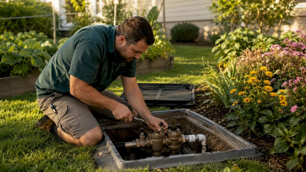 Plumber repairing backflow device outdoors
