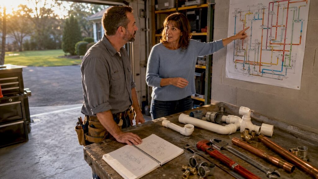 Plumber consulting homeowner on pipe sizing
