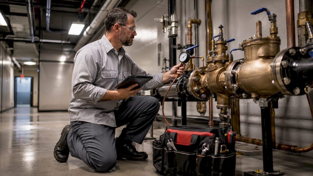 Technician inspecting backflow device in mechanical room