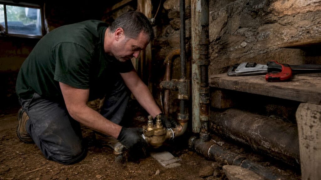Plumber installing basement backflow preventer valve