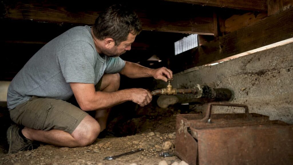 Homeowner inspecting shutoff valve in basement